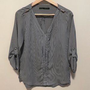 Zara Navy Blue/White Striped V-neck Blouse Adjustable Sleeves S